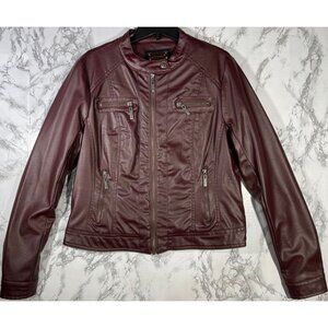 Joujou Womens Juniors Size Large Vegan Leather Jacket Maroon Faux Fur Lining Zip